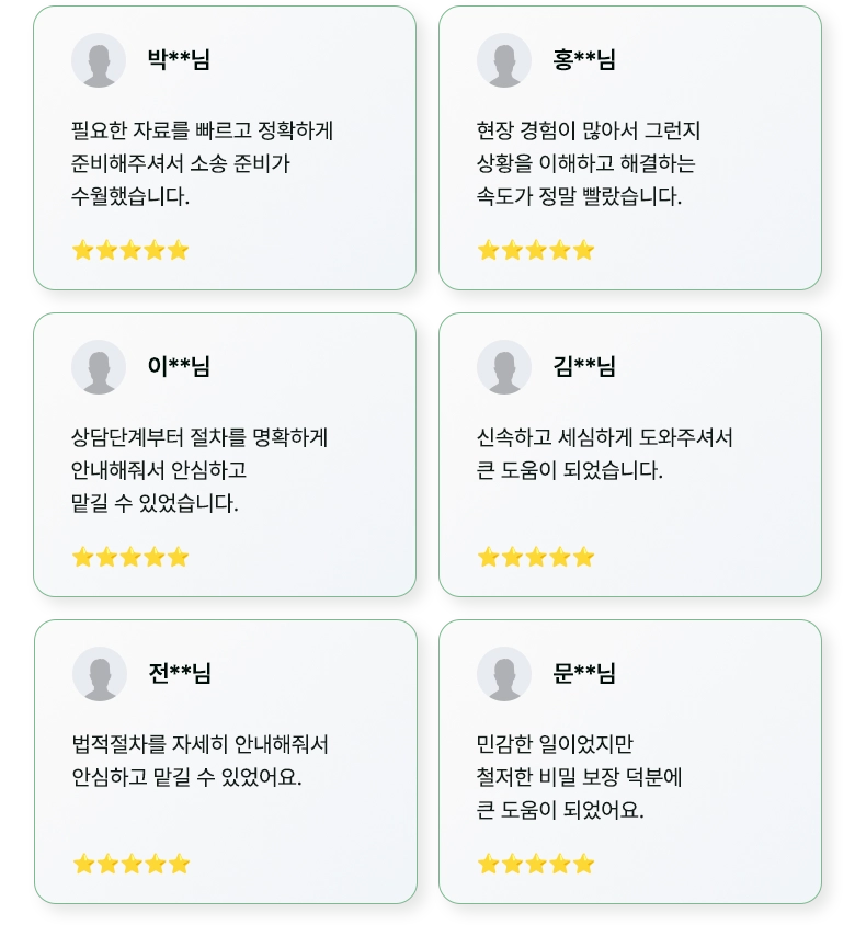 수원흥신소 필요한 자료를 빠르고 정확하게 준비해주셔서 소송 준비가 수월했습니다. / 현장 경험이 많아서 그런지 상황을 이해하고 해결하는 속도가 정말 빨랐습니다. / 상담단계부터 절차를 명확하게 안내해줘서 안심하고 맡길 수 있었습니다. / 신속하고 세심하게 도와주셔서 큰 도움이 되었습니다. / 법적절차를 자세히 안내해줘서 안심하고 맡길 수 있었어요. / 민감한 일이었지만 철저한 비밀 보장 덕분에 큰 도움이 되었어요.